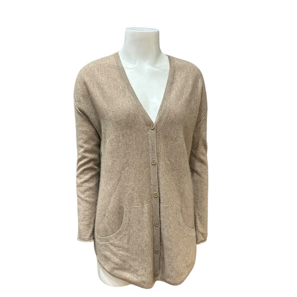 Eileen Fisher Petite Cashmere Long Cardigan Sweater Beige Button Front PM -